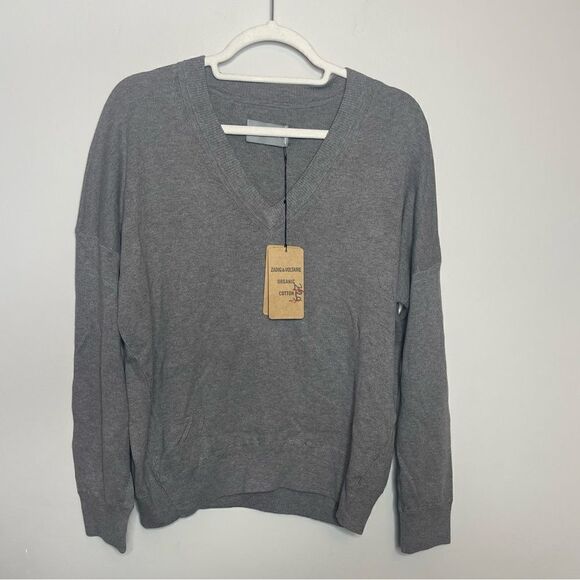 ZADIG & VOLTAIRE Brumy V-Neck Sweater Slub Cotton Gray Size Small - Picture 3 of 12